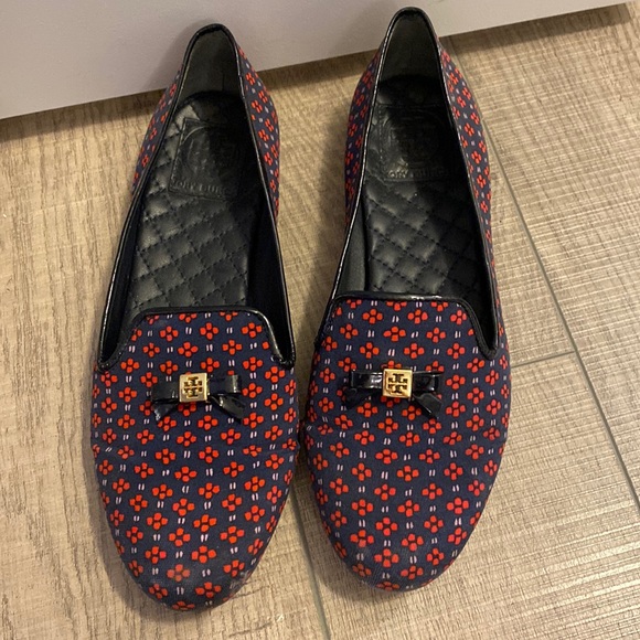Tory Burch Shoes - Tory Burch Navy Loafers with Red Floral Pattern and Gold Logo